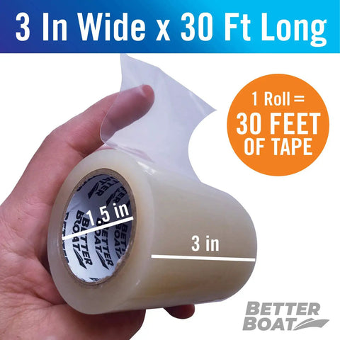 Heavy Duty Clear Patch Tape for Fabric and Vinyl 30 ft long 3 in wide roll with visible size markings, hand-held.