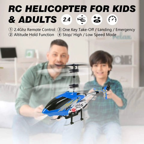 Man and boy playing with U12 RC Helicopter With Altitude Hold And Gyro Stabilization, One Key Takeoff And Landing indoors