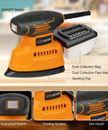 Electric Orbital Detail Sander Pumping Out 14000 OPM With Seamless Dust Collection showing dust collection bag and sanding pad.