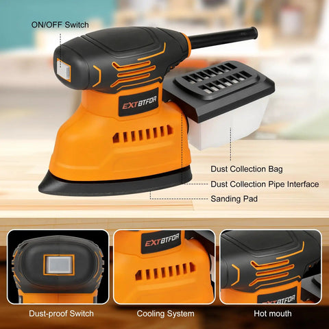 Electric Orbital Detail Sander Pumping Out 14000 OPM With Seamless Dust Collection showing dust collection bag and sanding pad.