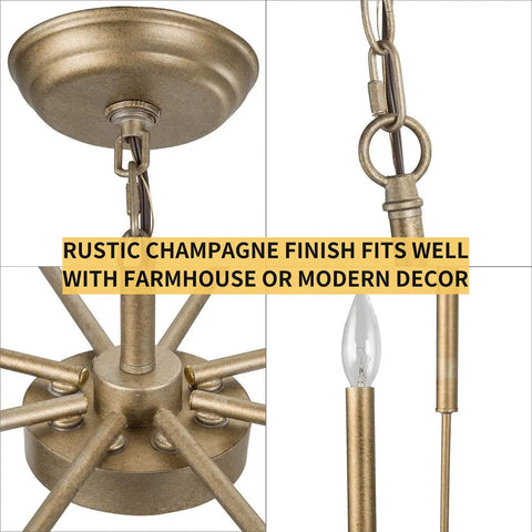 Dope Antique Gold Chandelier Modern Farmhouse Light Fixture With Eight Arms And Adjustable Height close-up details, champagne finish