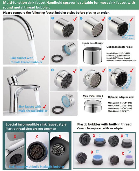 Sink faucet hose sprayer attachment compatibility guide with metal and plastic thread bubblers for handheld sprayer with on off valve.