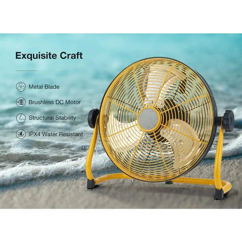 12 Inch Cordless Floor Fan Built With Rugged Metal Frame And Brushless Motor For Slick High Velocity Airflow Perfect For Camping Or Garage Use Featuring Zero Plug Hassle And Heavy Duty Reliability with IPX4 water resistance.
