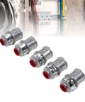 Heavy Duty 3/8 Inch MC Cable Connectors For 14 12 And 10 Gauge Wire in a row, zinc alloy snap lock design.