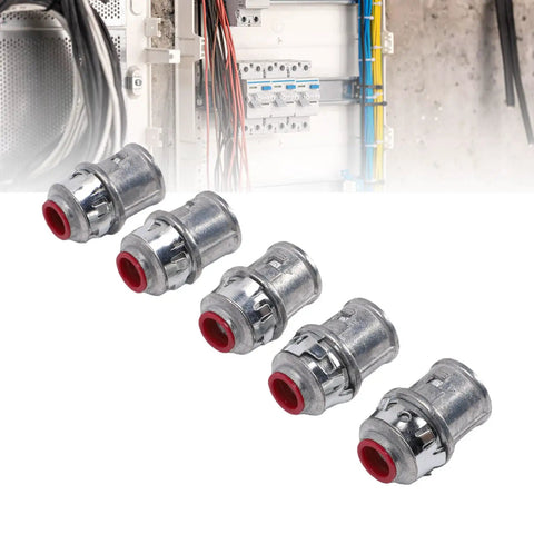 Heavy Duty 3/8 Inch MC Cable Connectors For 14 12 And 10 Gauge Wire in a row, zinc alloy snap lock design.