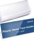 30 Pack Clear Plastic Name Tent Holders For Desk 11 Inch By 4.25 Inch Acrylic Name Plates shown stacked and on display