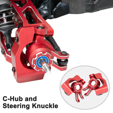 C-hub and steering knuckle of Beefy Aluminum RC Suspension Arms Kit for 1/16 Mini XRT Monster Truck shown in red alloy.