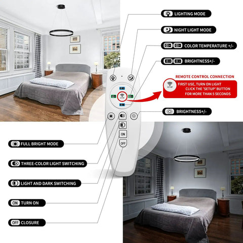 Slick Modern LED Chandelier With Remote Control, 60W Black Ring Ceiling Light shown with remote features in bedroom setup