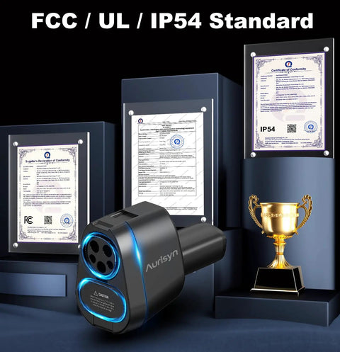 High End 2 In 1 Ccs To Nacs And J1772 To Tesla Adapter with certification documents highlighting FCC, UL, and IP54 standards.