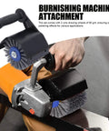 Grinder To Polisher Conversion Kit With Pro Grade M14 Handle And Wire Drawing Attachment Burnishing Wheel And Polishing Tool Set installed on a metal surface.