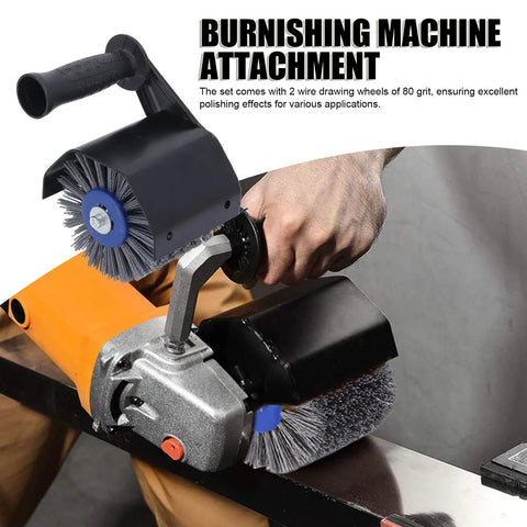 Grinder To Polisher Conversion Kit With Pro Grade M14 Handle And Wire Drawing Attachment Burnishing Wheel And Polishing Tool Set installed on a metal surface.