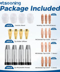 Top 26Pc MIG Welder Accessory Kit For MB 24KD Gun With Snappy Gas Nozzles Ceramic Shunts And Red Copper Contact Tips Ready To Go includes ceramic shunts and various welding tips.