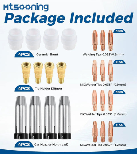 Top 26Pc MIG Welder Accessory Kit For MB 24KD Gun With Snappy Gas Nozzles Ceramic Shunts And Red Copper Contact Tips Ready To Go includes ceramic shunts and various welding tips.