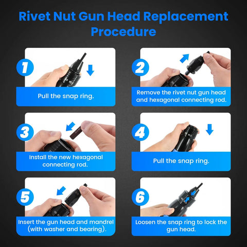 Step-by-step guide for head replacement on Pneumatic Rivet Nut Gun Kit With Eleven Mandrels One Quarter Inch Five Sixteenths Inch Three Eighths Inch Pro Grade Air Rivnut Tool Set With Self Locking Head And Quick Change Heads For Easy Nutsert Inserts And Threaded Fasteners