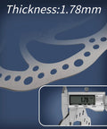 Close-up of Six Bolt 160mm Disc Brake Rotor For Mountain Bikes showing 1.78mm thickness measurement with caliper.