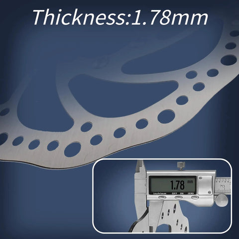 Close-up of Six Bolt 160mm Disc Brake Rotor For Mountain Bikes showing 1.78mm thickness measurement with caliper.
