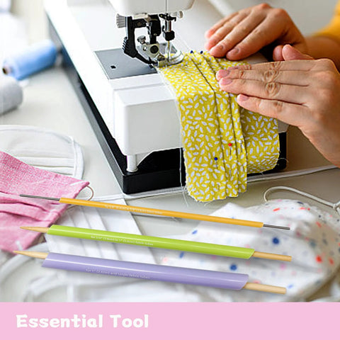 FQTANJU quick-turn fabric tube turner set, 3-piece with colored sleeves and wooden ends beside a sewing machine.