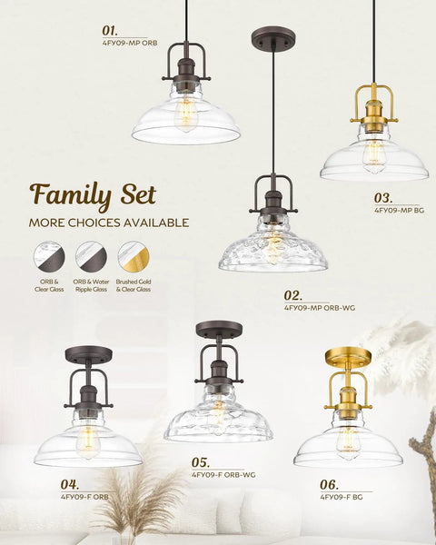 Family set of pendant lights including Farmhouse Semi Flush Ceiling Light With Slick Oil Rubbed Bronze Finish And Clear Glass Shade.