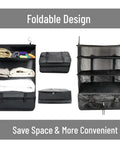 Massive Capacity Travel Hanging Packing Cubes Organizer with hooks, foldable design, displayed with shelves extended and folded