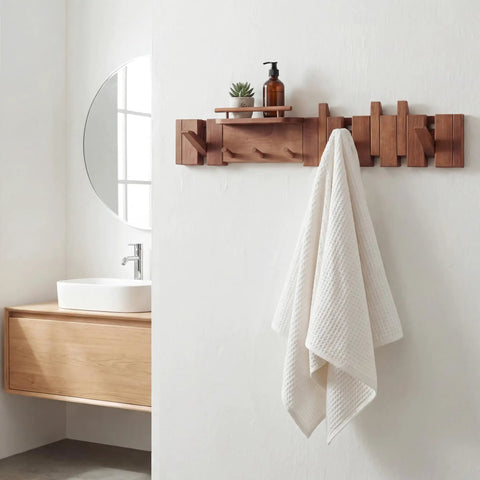 Dope Mid Century Modern Walnut Foldable Entryway Wall Coat Rack With Shelf And 9 Hooks in bathroom holding a towel