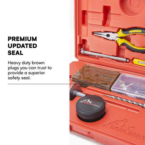 Heavy Duty Tire Repair Kit For Cars, Trucks, Motorcycles, And ATVs Complete Flat Fix Plug Set showing tools and plugs in case