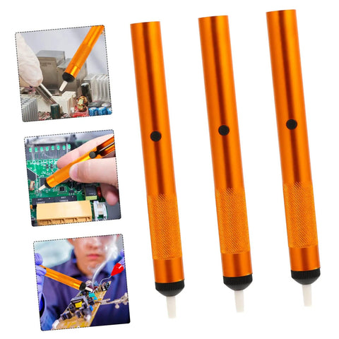 Three Piece Aluminum Desoldering Solder Absorber Pump Sucker For PCB One Hand Use Easy Grip Tool shown in action on PCBs