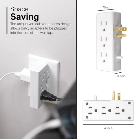 Six Outlet Side Entry Power Tap Side Access Adapter Converts Two Indoor Outlets Into Six, Slim Vertical, UL Listed, White