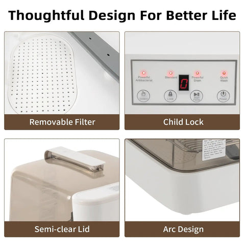Portable Countertop Dishwasher With Clear Window And Three Auto Wash Modes Fits Four Plates features removable filter, child lock, semi-clear lid, and arc design.