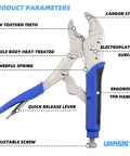 Heavy Duty 10 Inch Locking Pliers With Curved Jaw, Wire Cutter, Quick Release, blue ergonomic TPR handle, alloy steel