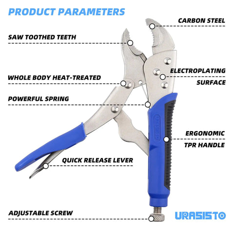 Heavy Duty 10 Inch Locking Pliers With Curved Jaw, Wire Cutter, Quick Release, blue ergonomic TPR handle, alloy steel