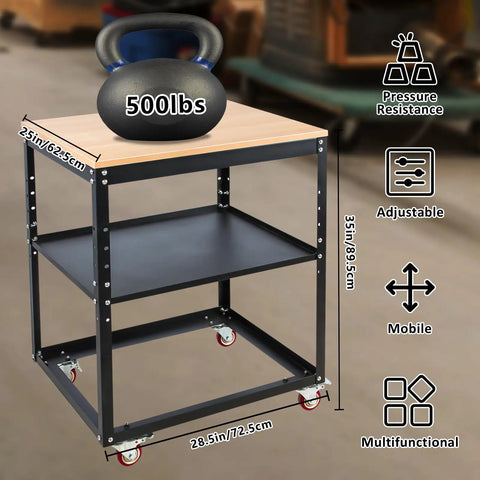 Badass Heavy Duty Rolling Planer Stand With Solid Steel Frame And Five Hundred Pound Lifting Capacity For Smooth Caster Movement and flexible tool organization.