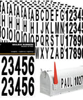 3 Inch Vinyl Self Adhesive Address Numbers And Letters For House Doors And Signs White 12 Sheets 0 To 9 And A To Z Stick On Mailbox Sign Kit Easy Peel Weatherproof Durable shown on sheets next to mailbox.