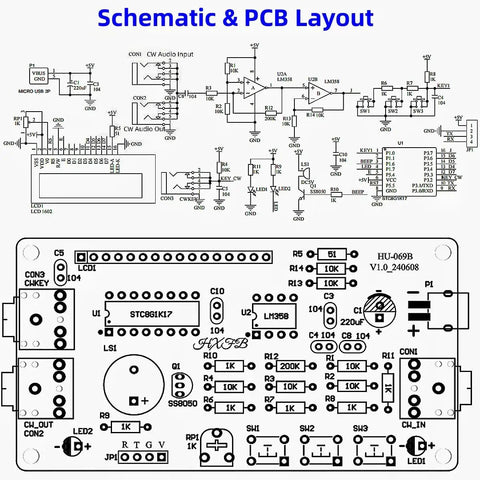 Schematic and PCB layout for Morse Code Trainer Kit With Pre Soldered PCB And Enclosure Ready To Build For Beginners And Tech Nerds.