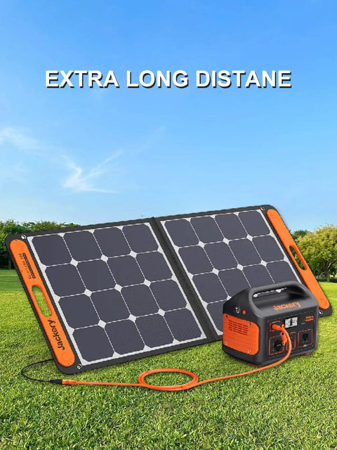 16.4 Ft DC Extension Cable For Solar Panels 14AWG connected to Jackery SolarSaga panels and power station on grass