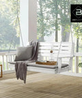 Heavy Duty Poly Lumber Porch Swing With Mounting Kit And All Accessories For Patio Or Backyard Outdoor Hanging Chair For 2 To 3 People With Built In Cup Holders Sturdy Steel Chains Easy Assembly, white swing on porch with cushions and blanket