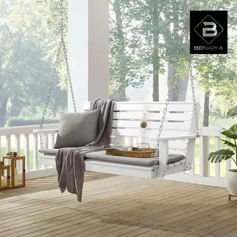Heavy Duty Poly Lumber Porch Swing With Mounting Kit And All Accessories For Patio Or Backyard Outdoor Hanging Chair For 2 To 3 People With Built In Cup Holders Sturdy Steel Chains Easy Assembly, white swing on porch with cushions and blanket
