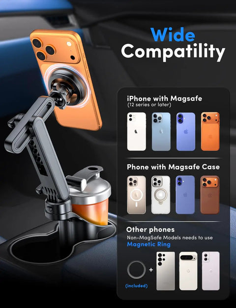 Cup Holder Phone Mount For MagSafe Magnetic Car Holder With Dual Adjustable Bases And N55 Magnet in car with iPhone