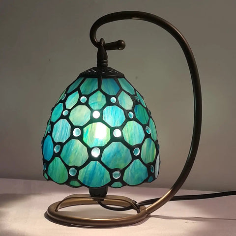 Small Tiffany Style Stained Glass Table Lamp Sea Blue Pearl 10 Inch Tall 6 Inch Wide 8 Inch Long Vintage Accent Night Light