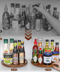 12 Inch Wooden Lazy Susan Organizer With Smooth 360 Spin, spices and sauces organized in a kitchen cabinet after use.
