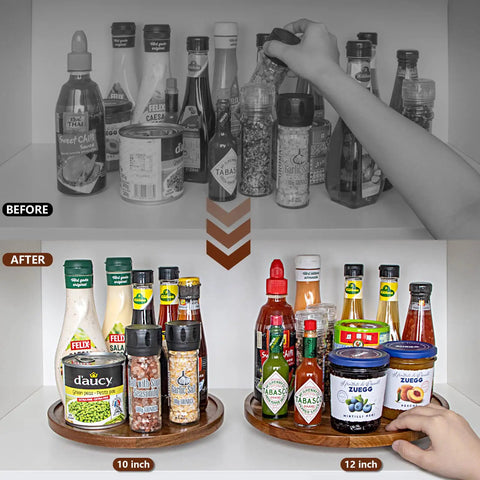 12 Inch Wooden Lazy Susan Organizer With Smooth 360 Spin, spices and sauces organized in a kitchen cabinet after use.