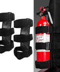 Roll Bar Fire Extinguisher Holder Mount For Jeep Wrangler JL YJ TJ JK CJ JKU JLU Gladiator JT Off Road Ready And Polaris Ranger RZR General RS1 Can Am Maverick X3 Adjustable Strap, showing black straps on roll bar with red fire extinguisher.