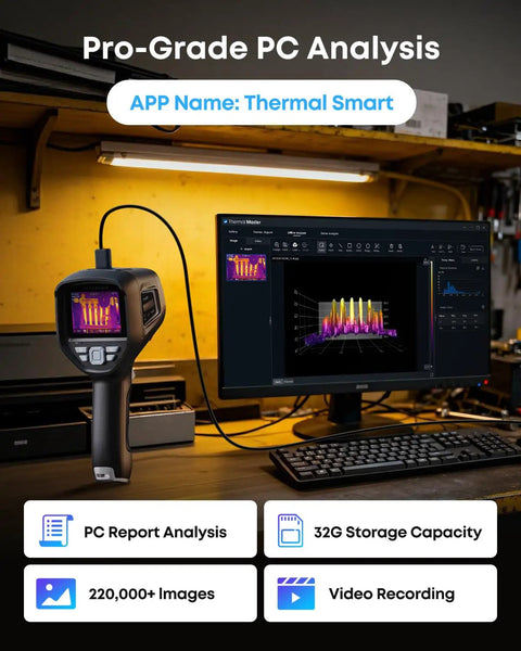 Dope Handheld Thermal Imager With 3 Point 5 Inch IPS Screen And 512 By 384 IR Resolution connected to a PC for analysis.