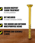 Nine By Two And A Half Inch Wood Screws Set For Cabinets And Furniture With Bit Included, close-up of single screw with text