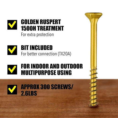 Nine By Two And A Half Inch Wood Screws Set For Cabinets And Furniture With Bit Included, close-up of single screw with text