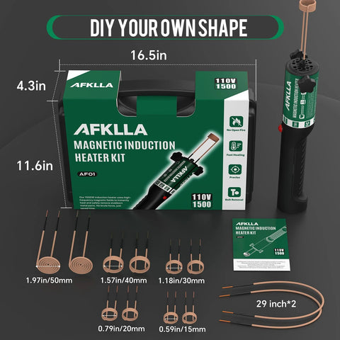 AFKLA magnetic induction heater kit; green box, 110V 1500W, includes 12 coils and cables.