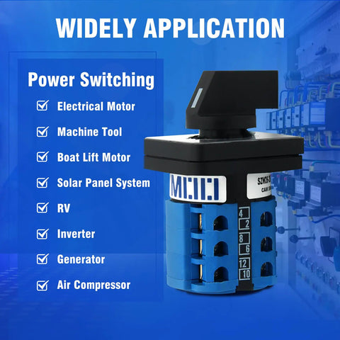 Beefy 20A Rotary Changeover Switch 660V 3 Pole 6 Position 12 Terminal Latching Selector with blue fork terminals on display