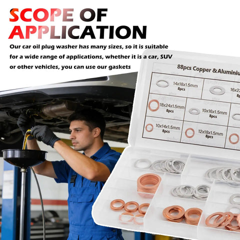 88Pcs Car Oil Drain Plug Gasket Kit With 6 Aluminum Sizes And 5 Copper Sizes M10 M12 M14 M16 M18 Crush Washer Set displayed in box