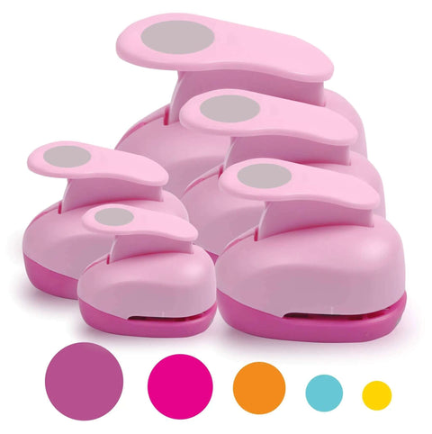 5 Piece Craft Hole Punch Set For Scrapbooking And Card Making, ergonomic spring action paper punches in pink circle shapes