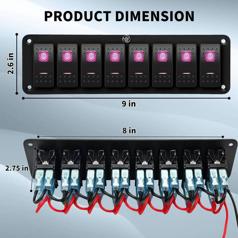8 Gang 12V 24V DC Toggle Switch Panel With Prewired 5 Pin On Off Waterproof IP65 Marine Auto Boat Truck Jeep RV Beefed Up Heavy Duty Electrical Switch Panel dimensions view