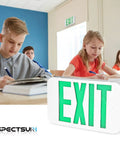 Slick Double Pack LED Exit Signs With Rock Solid Battery Backup, Hella Bright Green Exit Light For Indoor Hallways, Hardwired 120V To 277V Wall Or Ceiling Mount Featuring Glowing Arrow For Dead Simple Safety Upgrades in a classroom setting.